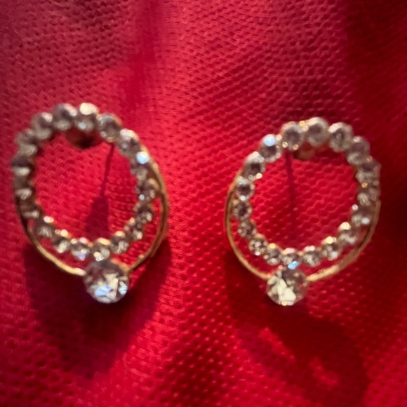 Round Gold Tone with Crystal Accents Pierced Earrings - Picture 4 of 5